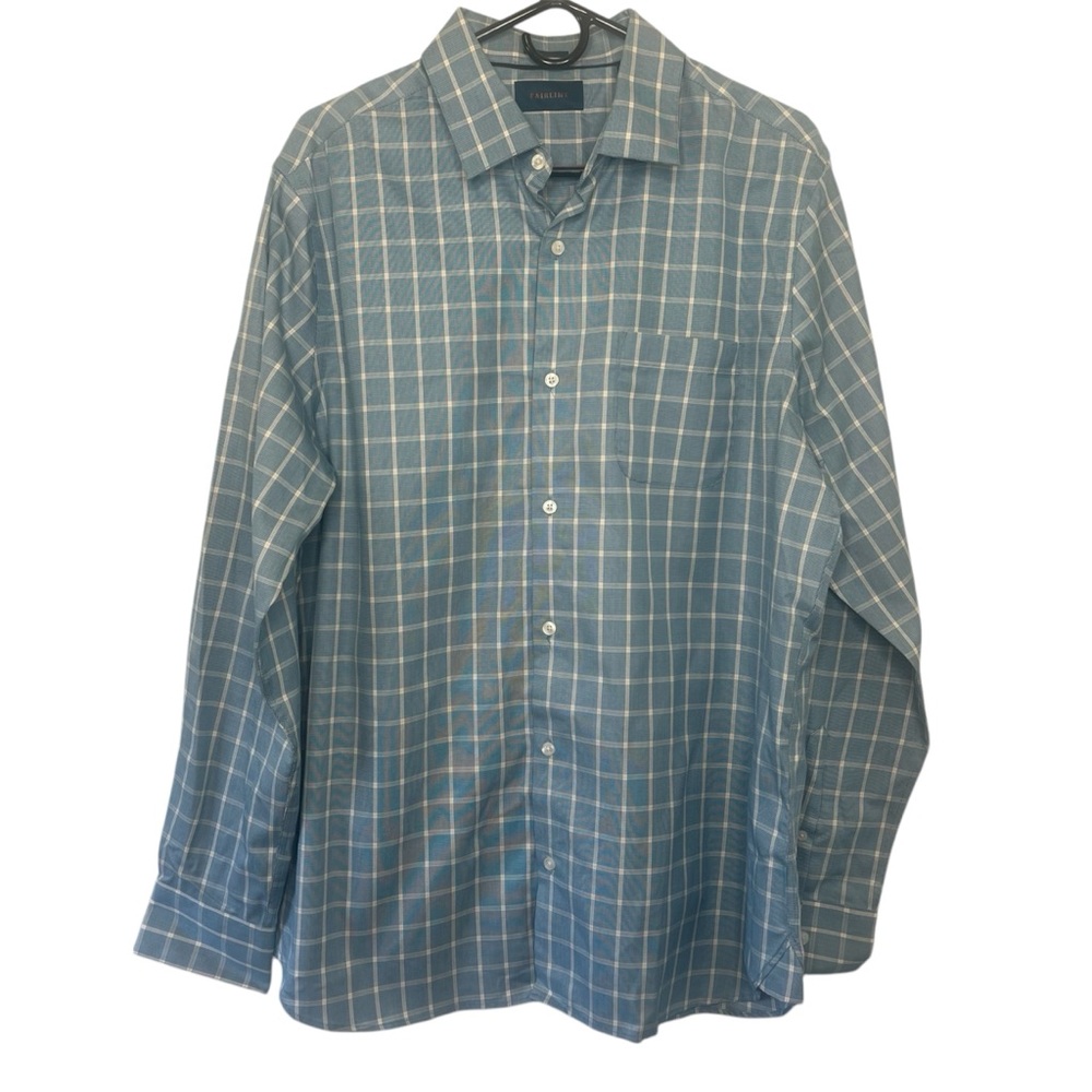 Fairline Men’s L Dress Shirt Cotton Button Down Long Sleeve Plaid Navy Career